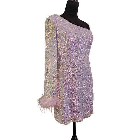 ALYCE PARIS One Shoulder Purple Sequin Dress with Feathers, Size 10 - Picture 6 of 15